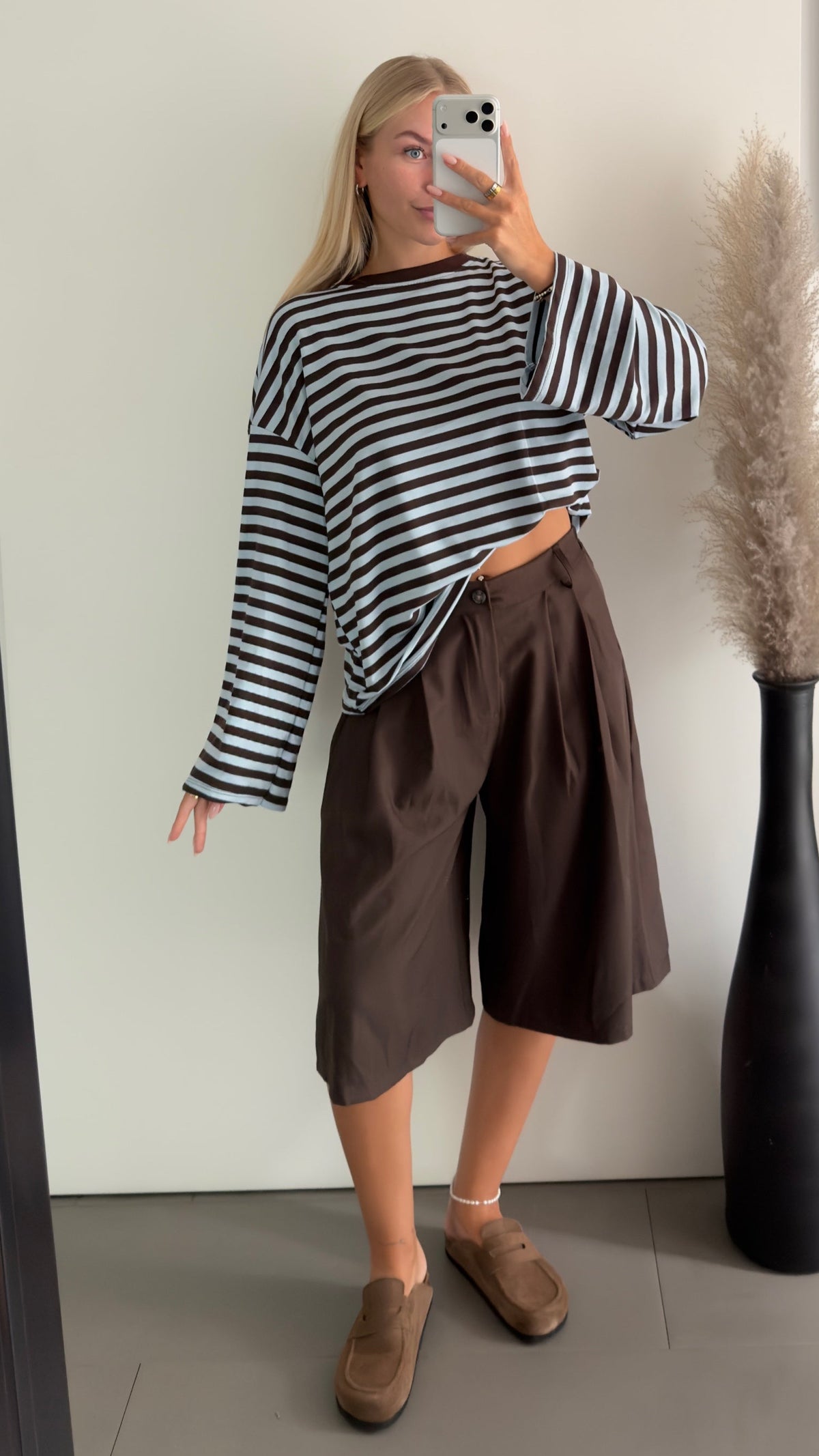 Oversize langarm Shirt mit Streifen in braun/hellblau
