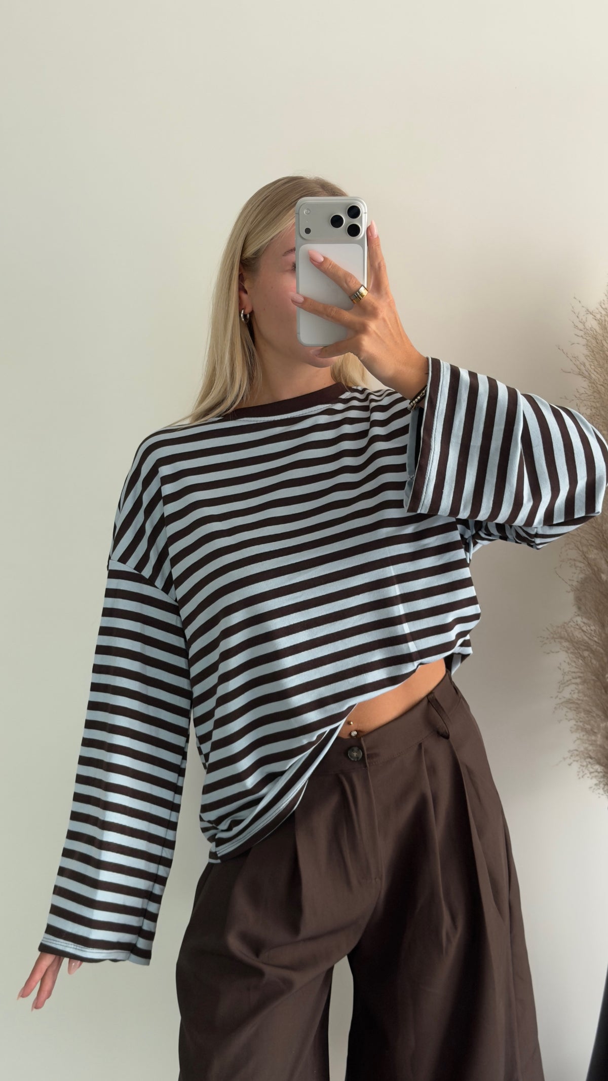 Oversize langarm Shirt mit Streifen in braun/hellblau