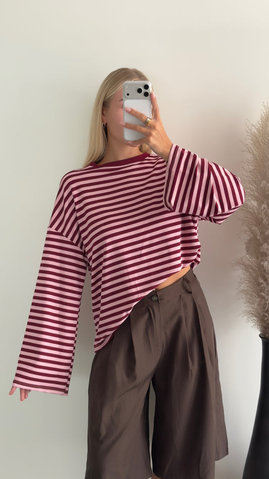 Oversize langarm Shirt mit Streifen in dunkelrot/rosa